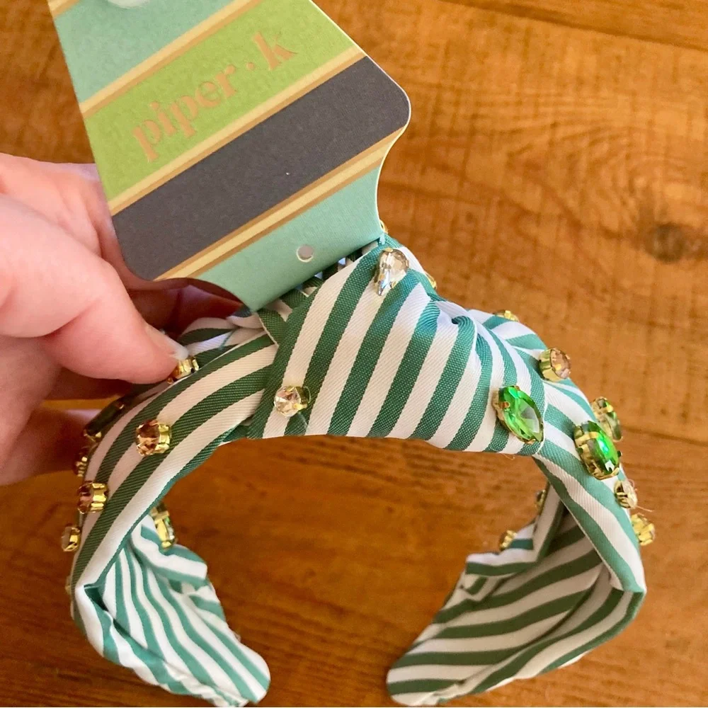 NEW Piper K Striped Knotted Headband with Goldtone, Green and Clear Rhinestones